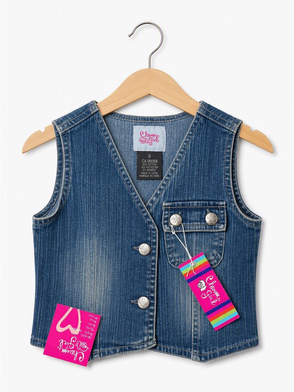 Vintage Y2K Deadstock Charm Girl Pinstripe Stretch Denim Vest 5/6 Western Boho